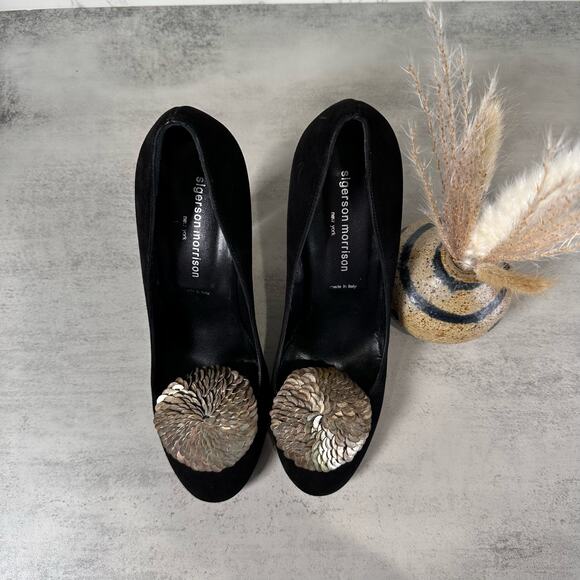 Sigerson Morrison Flair Silk Black Suede Sahara Heels Women's US6.5 EU40 Metal - Picture 3 of 10